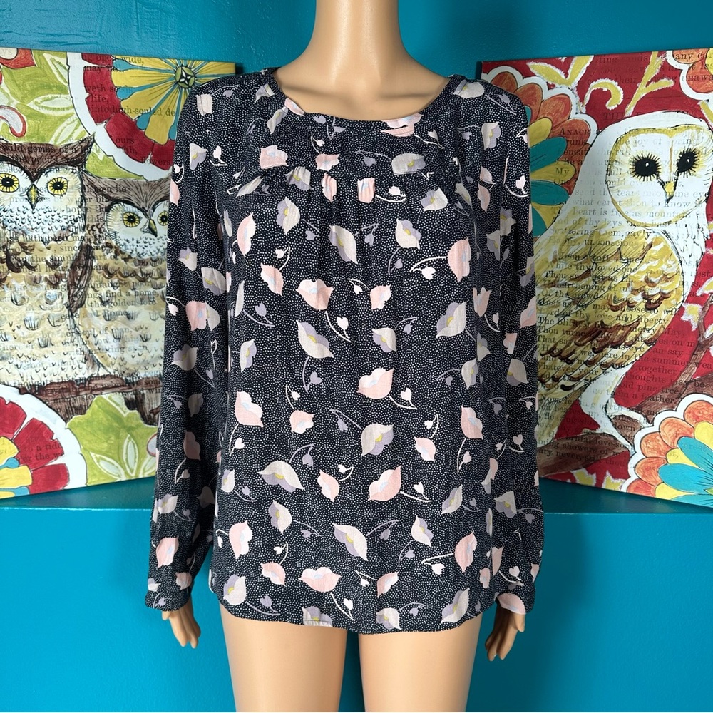 Ann Taylor LOFT Blouse Petites MP Floral Dot Long Sleeve Black Pink Top